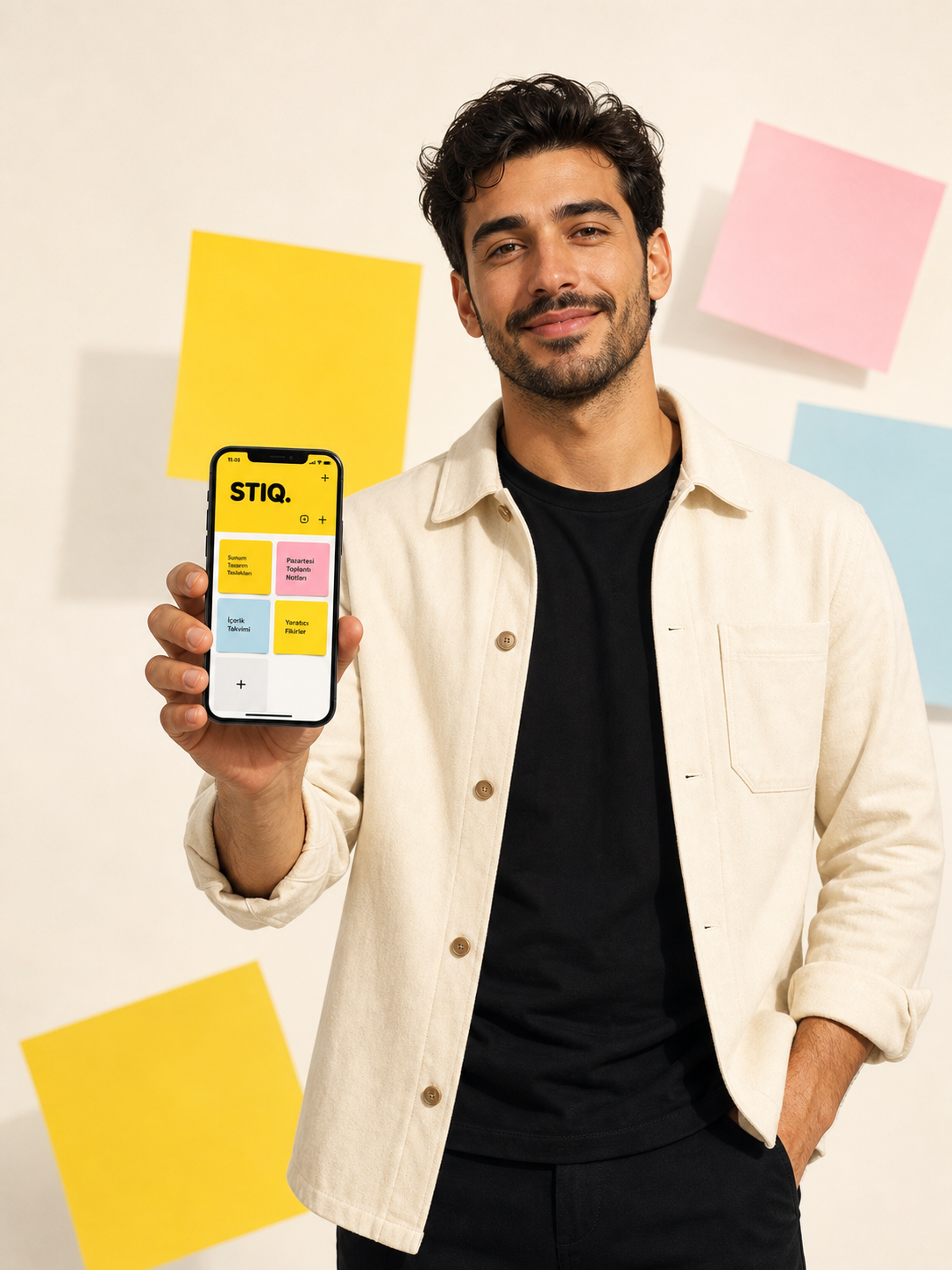 Elindeki iPhone’da STIQ uygulamasını gösteren erkek model